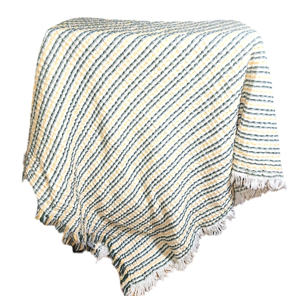 INUP Home Fine Linens Green & Yellow Cotton Waffle Weave Fringed Throw 51"X67" - Picture 2 of 7